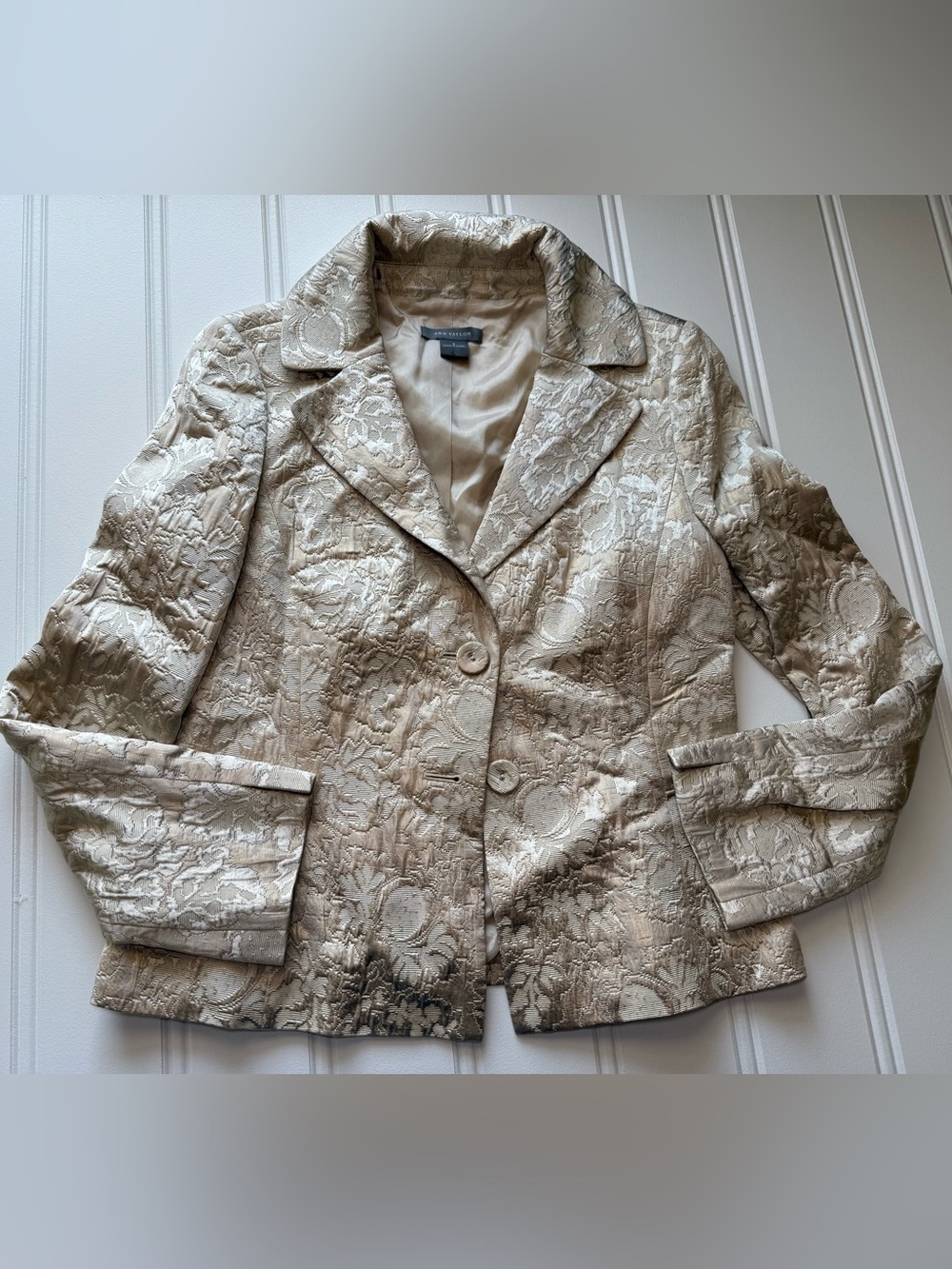 Ann Taylor Champagne Brocade Jacquard Jacket Blazer Suit Metallic Women 8 1997